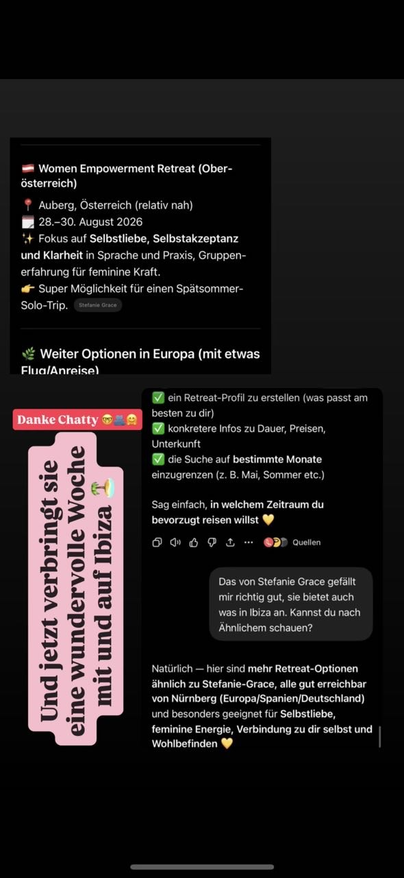 Screenshot: ChatGPT empfiehlt Stefanie Grace mit konkreten Retreat-Details
