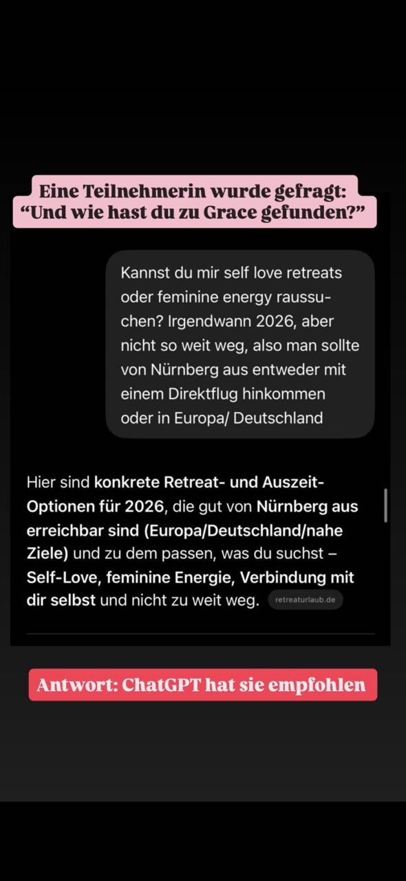 Screenshot: Eine Teilnehmerin wurde gefragt, wie sie zu Grace gefunden hat – Antwort: ChatGPT hat sie empfohlen