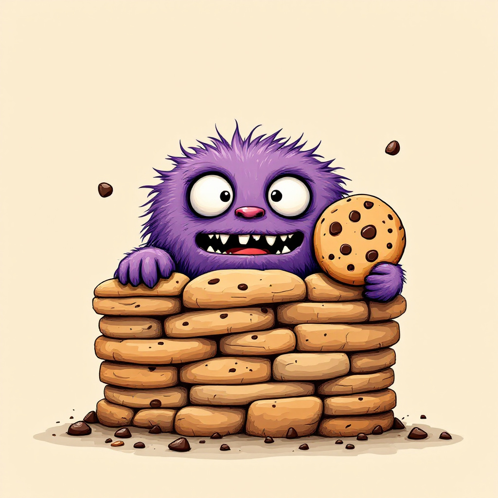 Cookiereich-Maskottchen: ein lila Fell-Monster guckt über eine Wand aus gestapelten Keksen